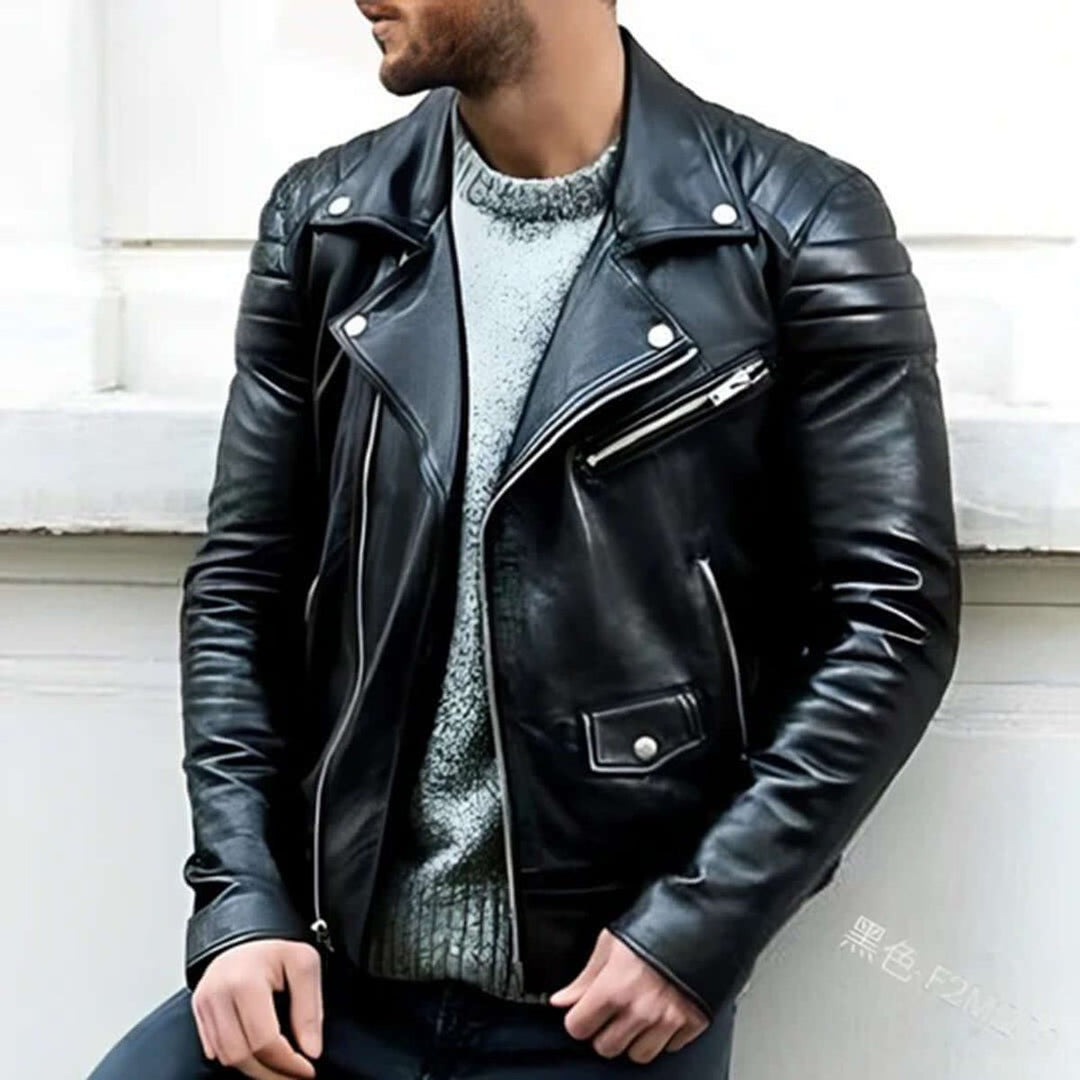 Men's Asymmetric-Zip Faux Leather Biker Jacket