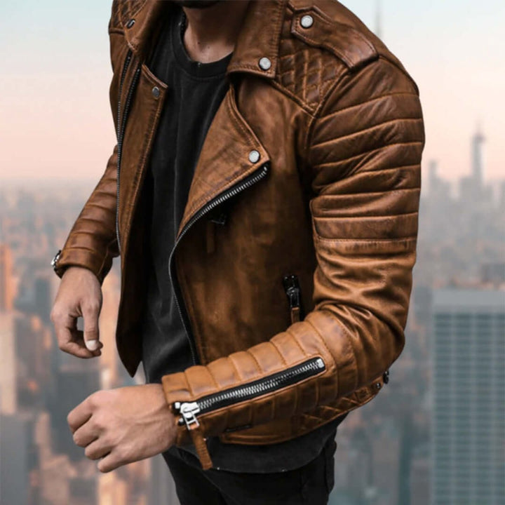 Men's Asymmetric-Zip Faux Leather Biker Jacket