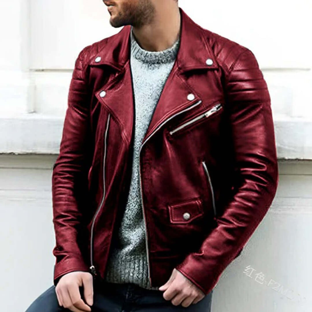Men's Asymmetric-Zip Faux Leather Biker Jacket