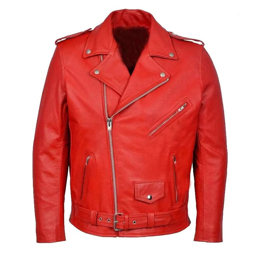 Mens Asymmetric Zip Leather Biker Jacket Lapel Collar Belted