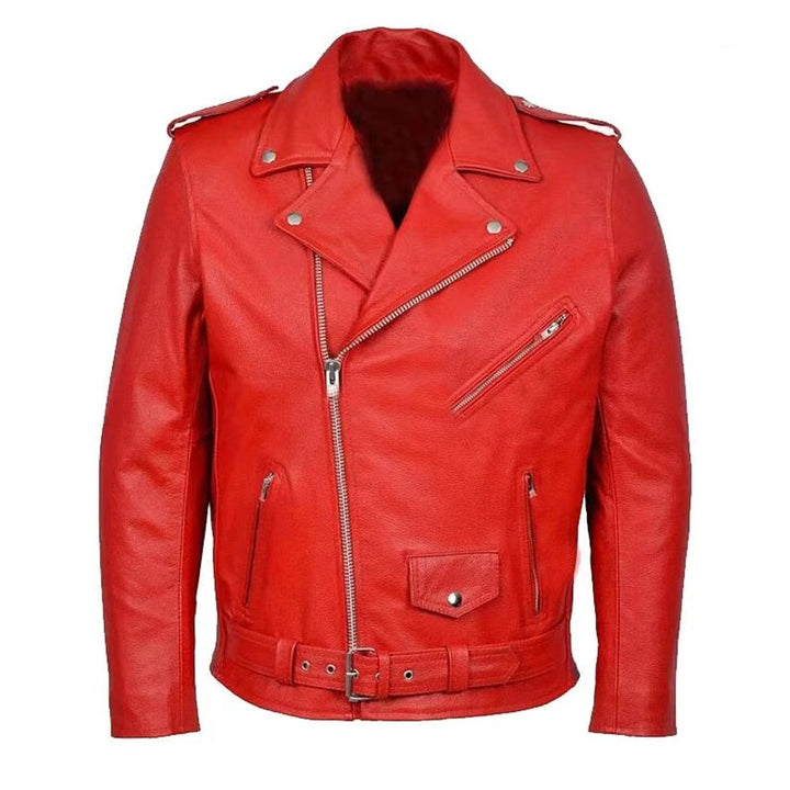Mens Asymmetric Zip Leather Biker Jacket Lapel Collar Belted