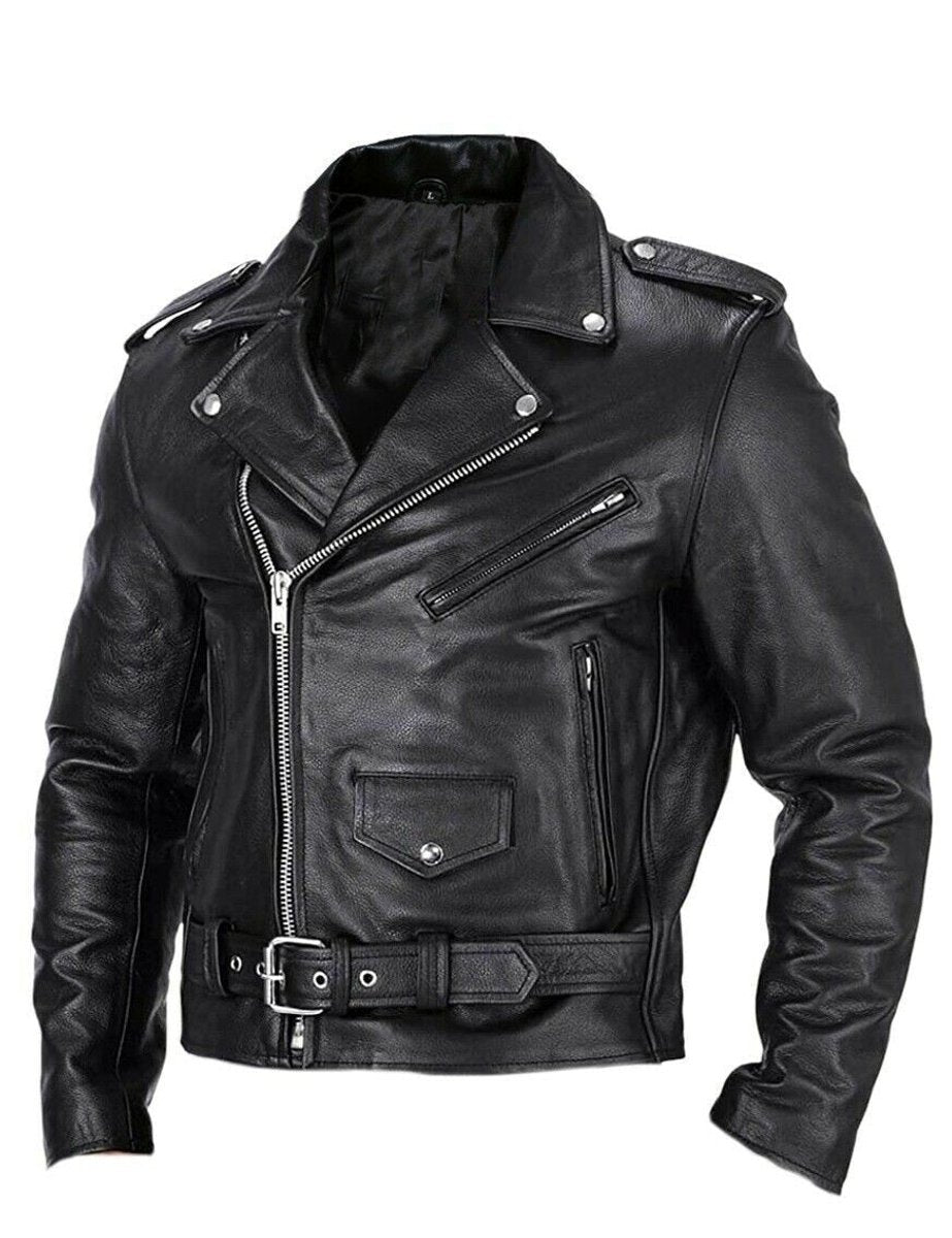 Mens Asymmetric Zip Leather Biker Jacket Lapel Collar Belted