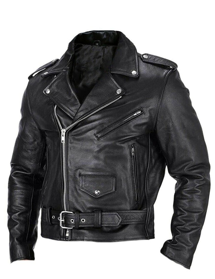Mens Asymmetric Zip Leather Biker Jacket Lapel Collar Belted