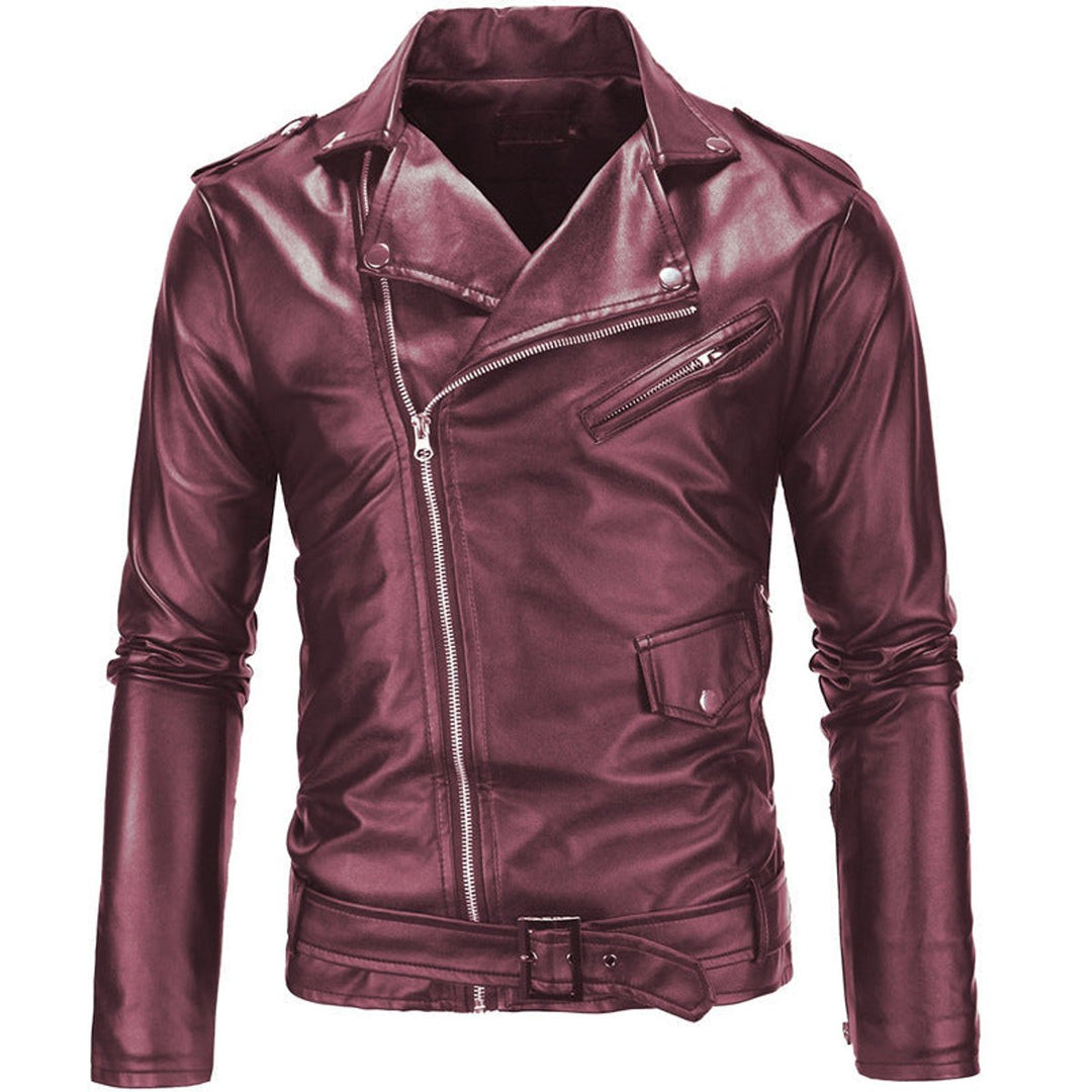 Mens Asymmetric Zip Leather Biker Jacket Lapel Collar Belted