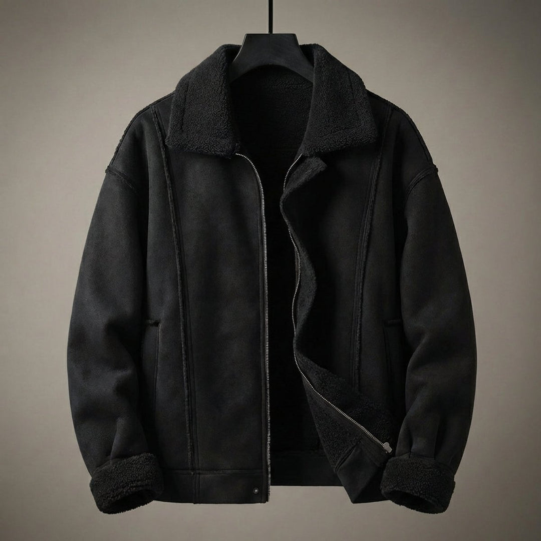 Mens Aviator Bomber Jacket Suede-Effect Faux Shearling Lined Coat