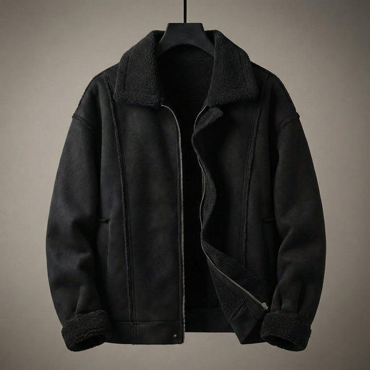 Mens Aviator Bomber Jacket Suede-Effect Faux Shearling Lined Coat