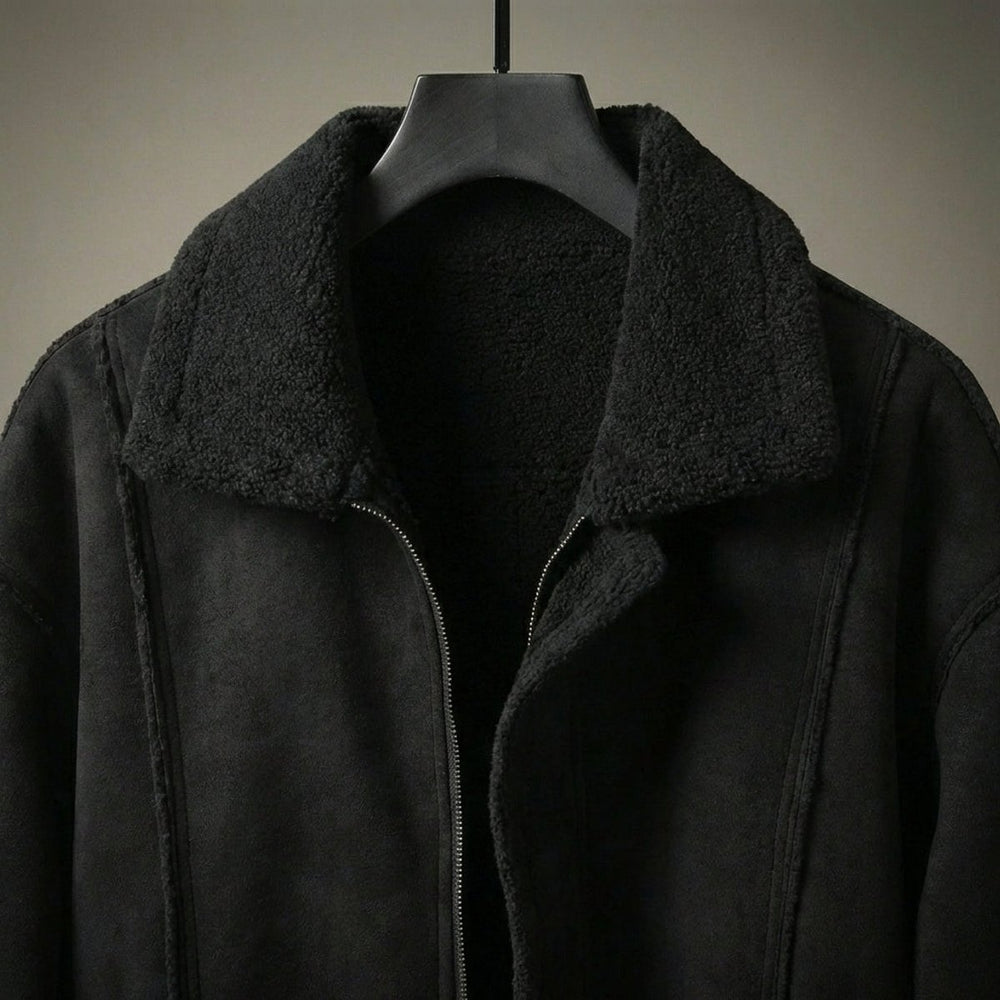 Mens Aviator Bomber Jacket Suede-Effect Faux Shearling Lined Coat