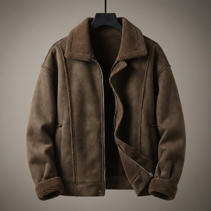 Mens Aviator Bomber Jacket Suede-Effect Faux Shearling Lined Coat