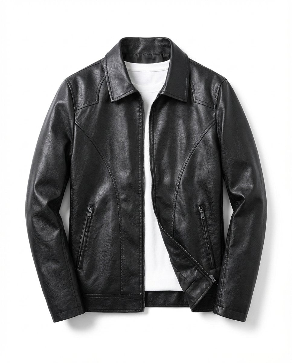 Men's Black Leather Zip-Up Biker Jacket Coat