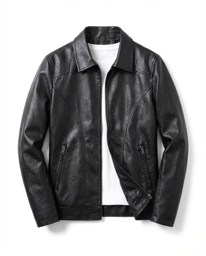 Men's Black Leather Zip-Up Biker Jacket Coat