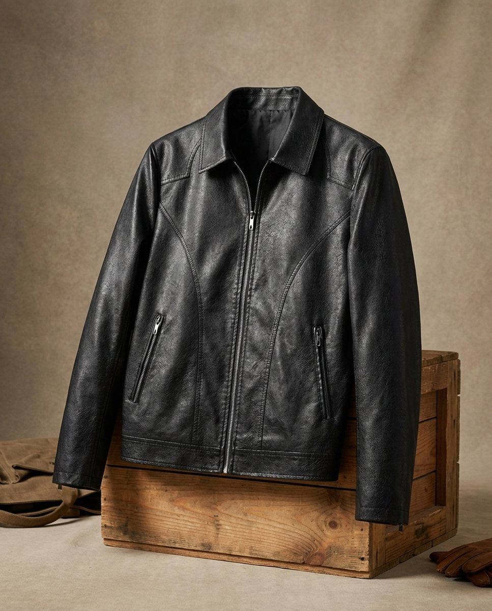 Men's Black Leather Zip-Up Biker Jacket Coat