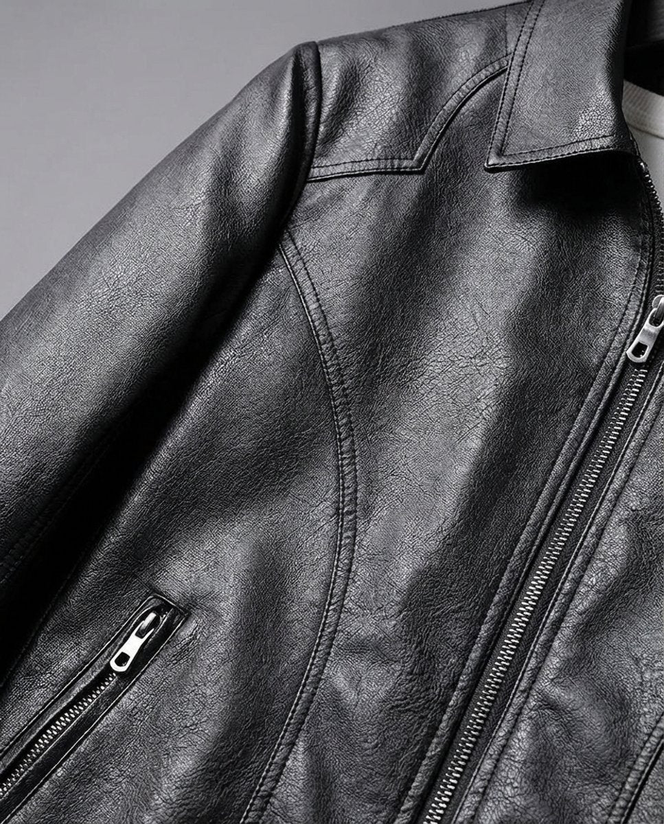 Men's Black Leather Zip-Up Biker Jacket Coat