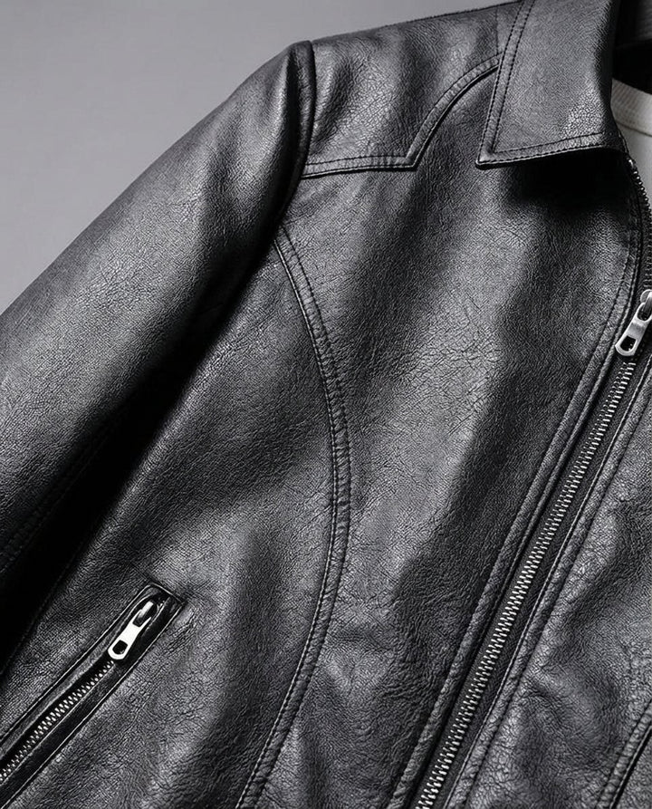 Men's Black Leather Zip-Up Biker Jacket Coat