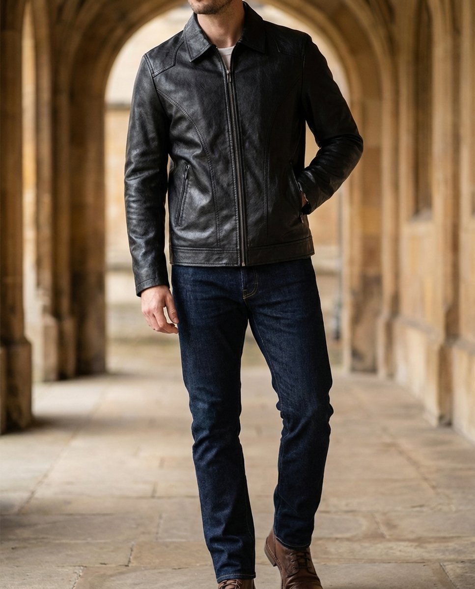 Men's Black Leather Zip-Up Biker Jacket Coat
