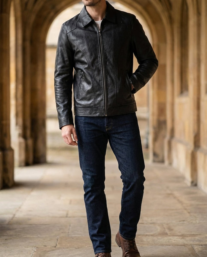 Men's Black Leather Zip-Up Biker Jacket Coat