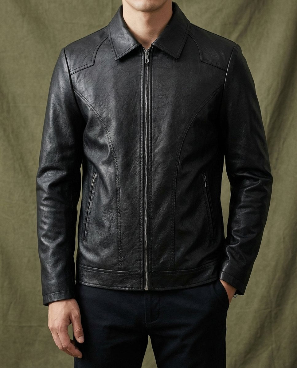 Men's Black Leather Zip-Up Biker Jacket Coat