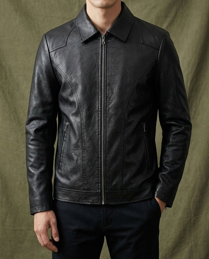 Men's Black Leather Zip-Up Biker Jacket Coat