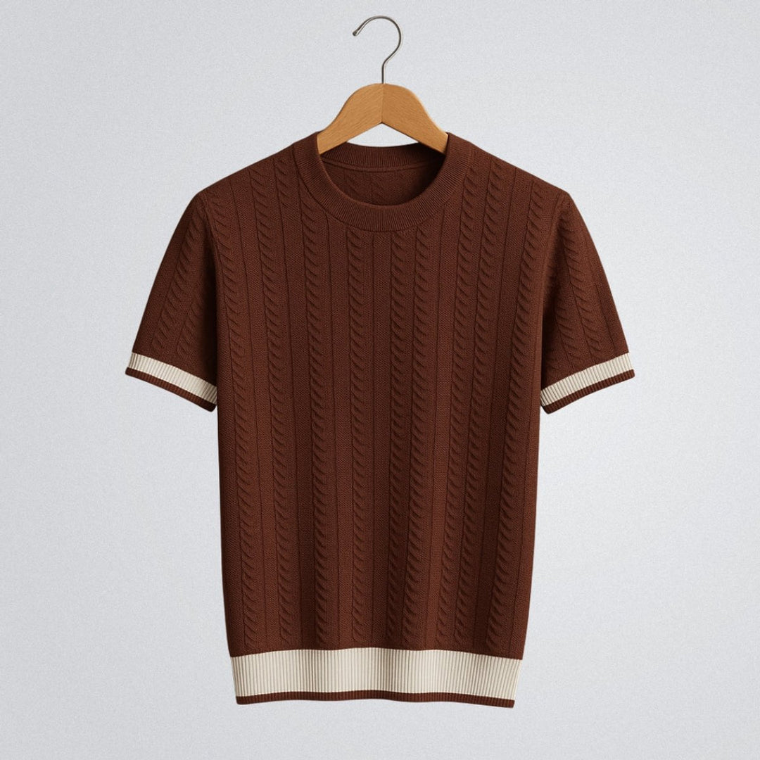 Mens Cable Knit Crewneck Jumper Contrast Ribbed Trim