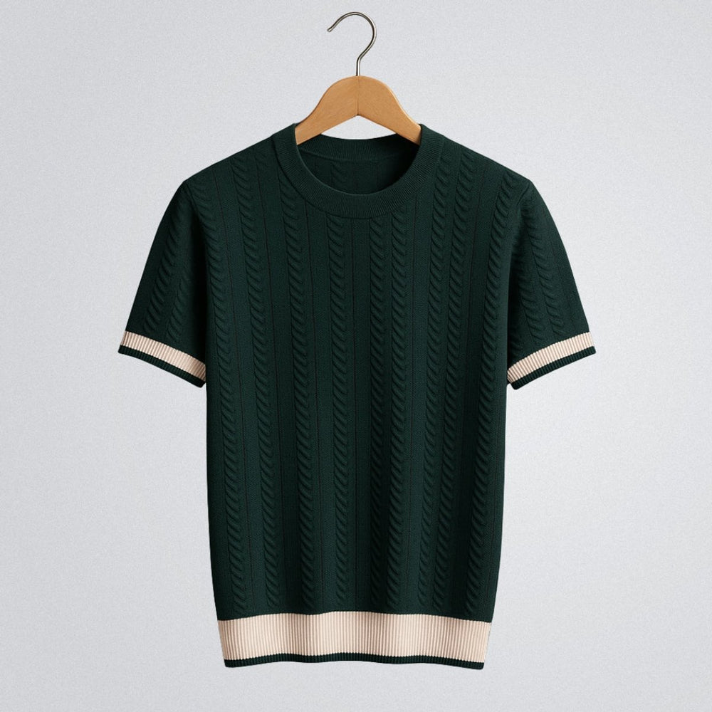Mens Cable Knit Crewneck Jumper Contrast Ribbed Trim