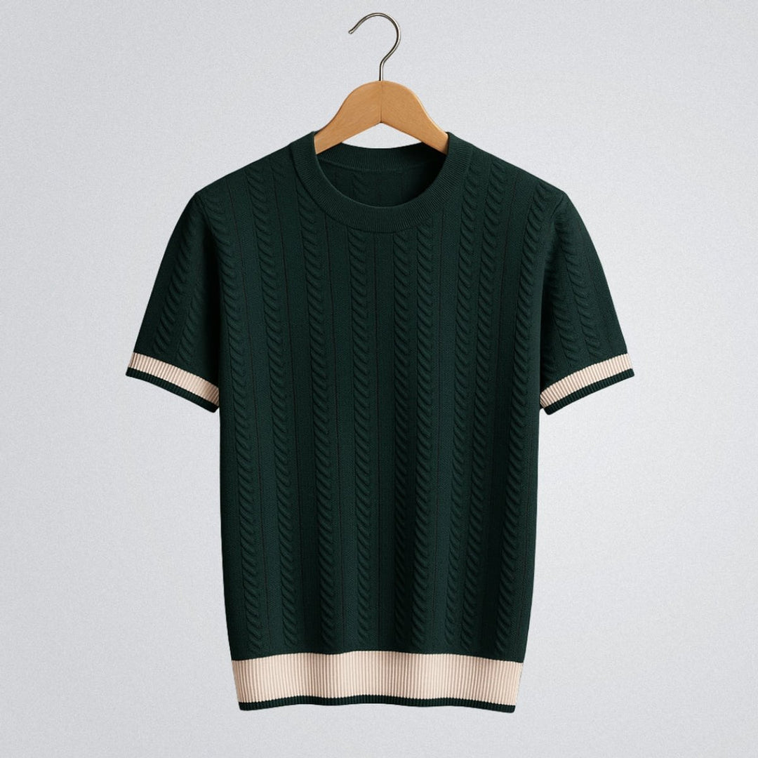 Mens Cable Knit Crewneck Jumper Contrast Ribbed Trim