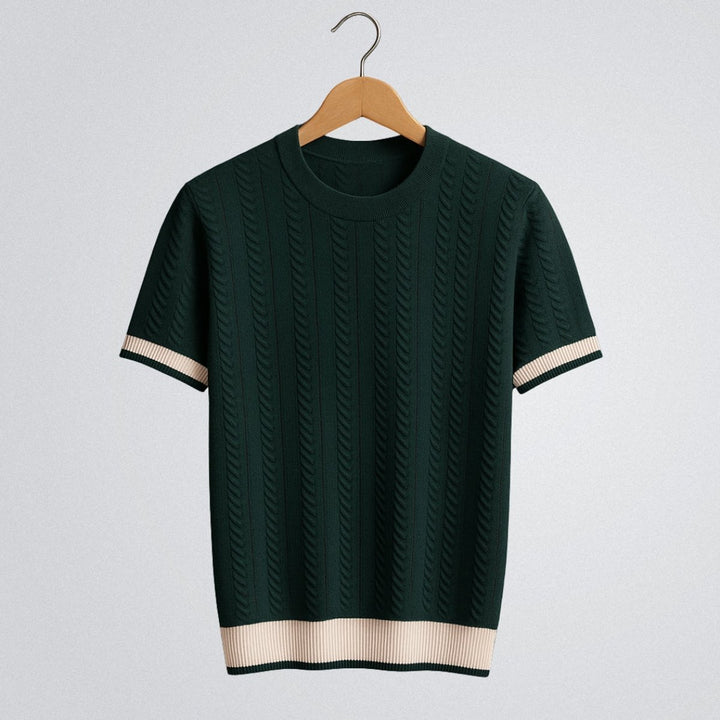 Mens Cable Knit Crewneck Jumper Contrast Ribbed Trim