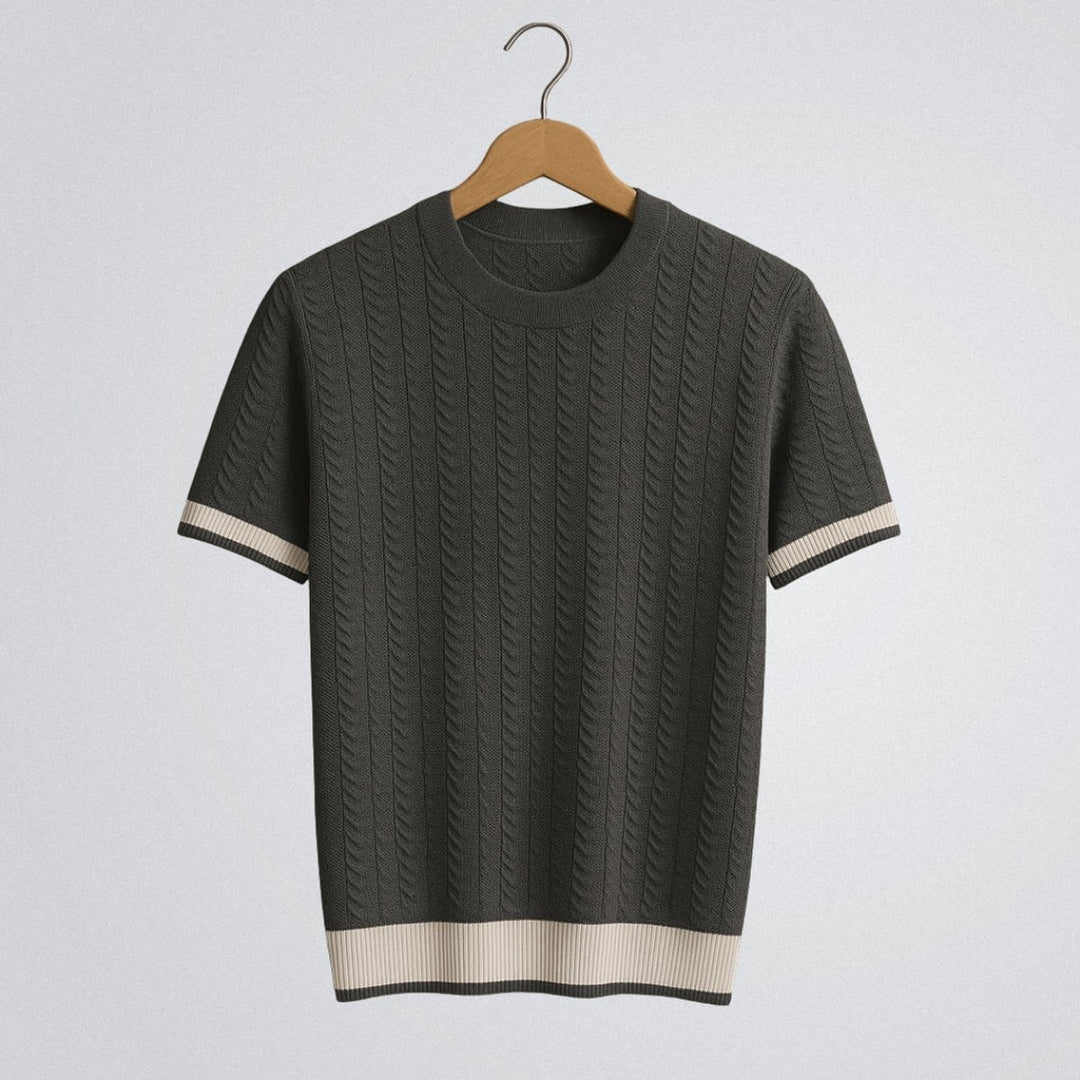 Mens Cable Knit Crewneck Jumper Contrast Ribbed Trim