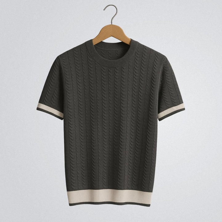 Mens Cable Knit Crewneck Jumper Contrast Ribbed Trim