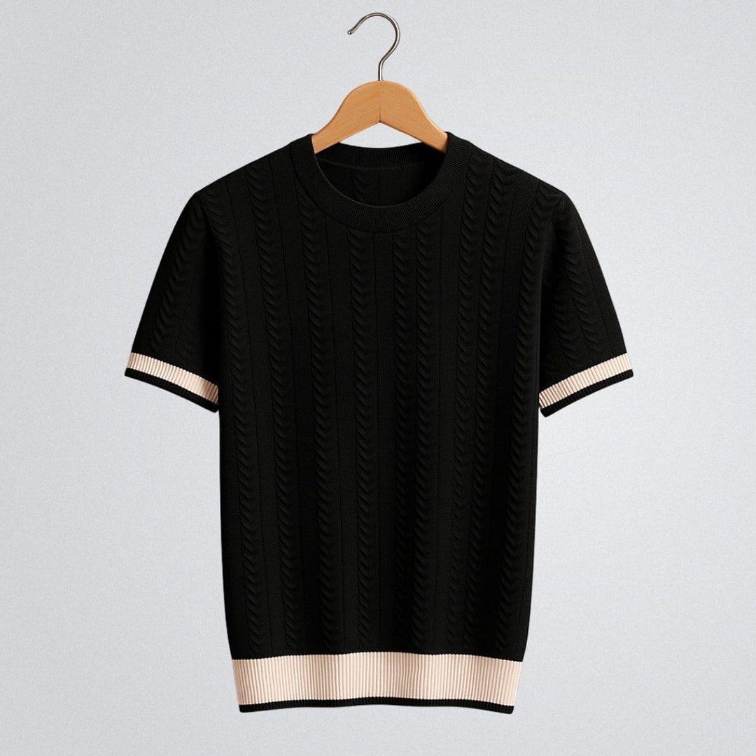 Mens Cable Knit Crewneck Jumper Contrast Ribbed Trim