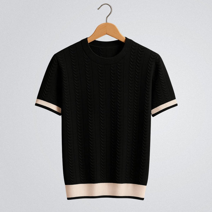 Mens Cable Knit Crewneck Jumper Contrast Ribbed Trim