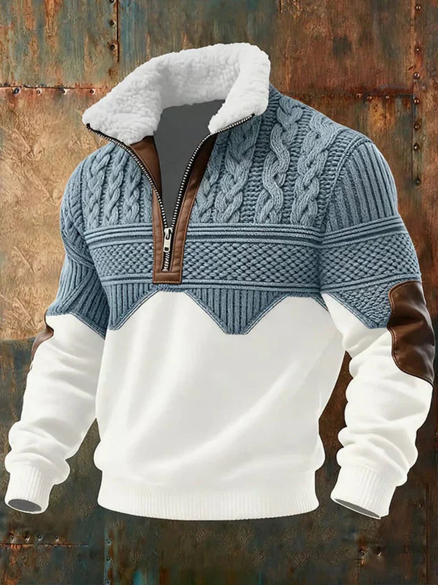 Men's Cable-Knit Half-Zip Fleece-Collar Colourblock Jumper