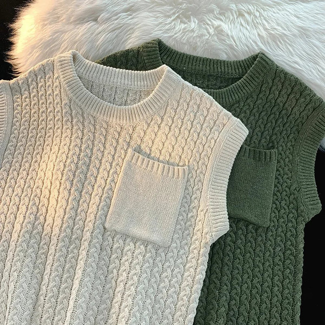 Men's Cable-Knit Relaxed Chest-Pocket Knitwear Vest Jumper