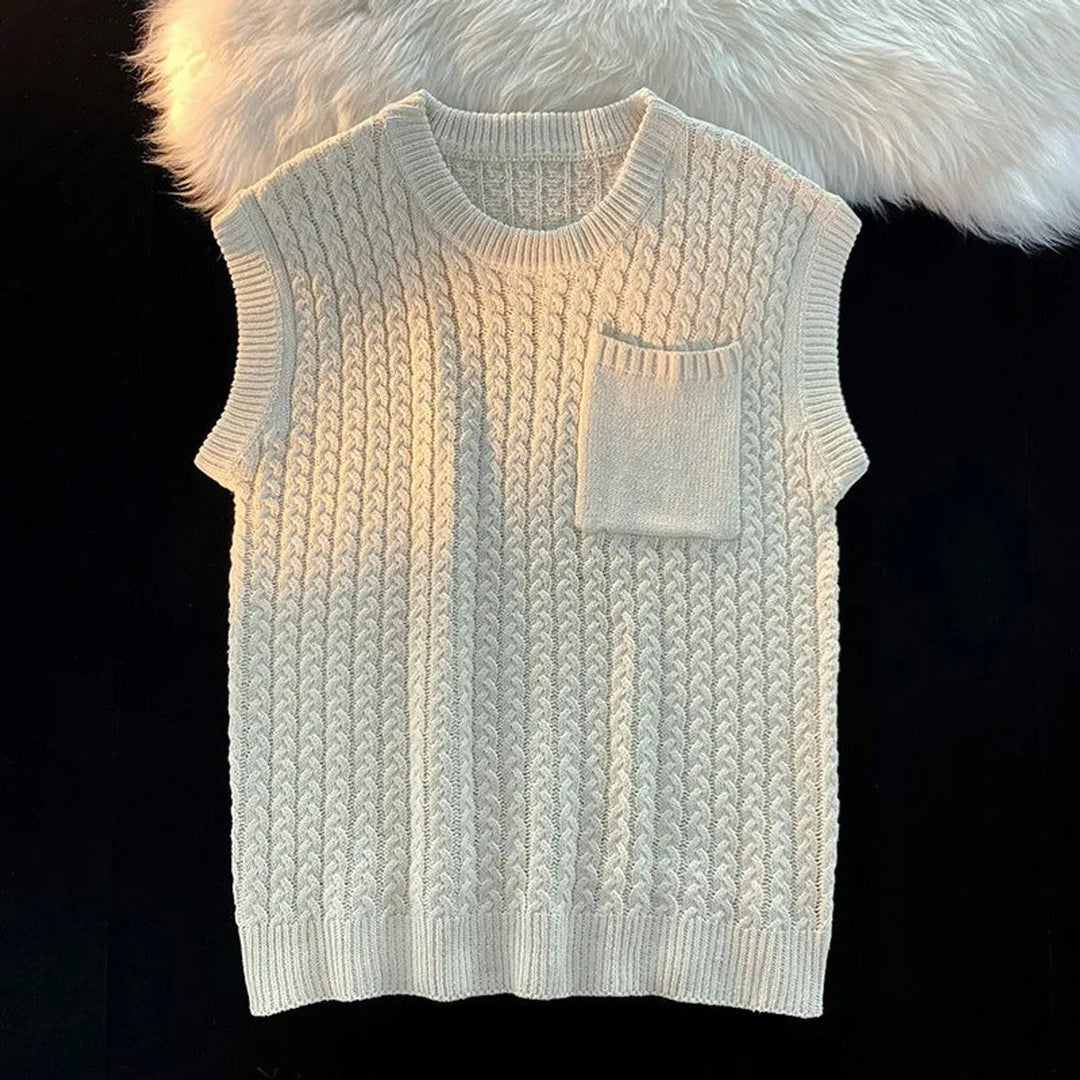 Men's Cable-Knit Relaxed Chest-Pocket Knitwear Vest Jumper