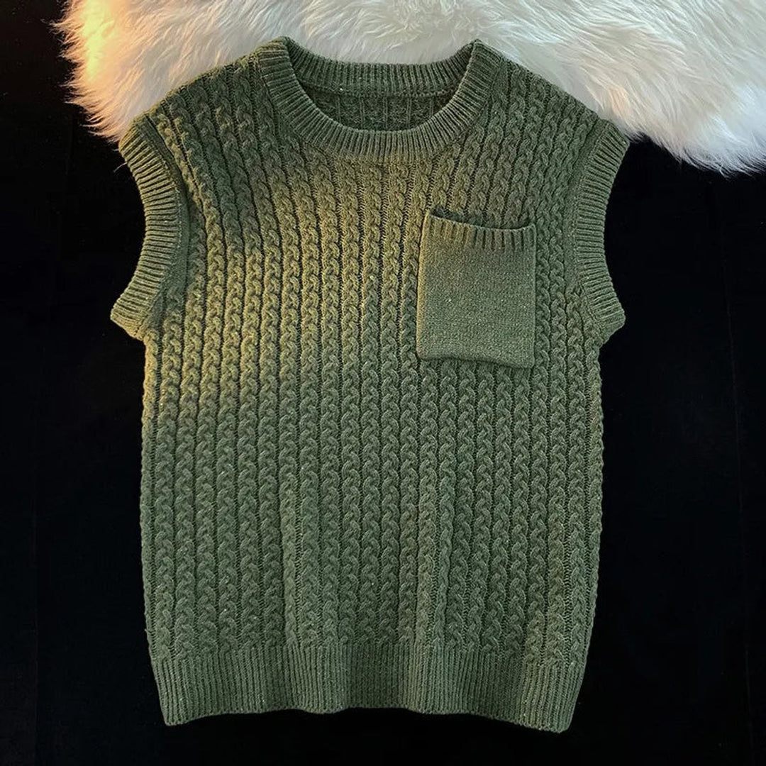 Men's Cable-Knit Relaxed Chest-Pocket Knitwear Vest Jumper