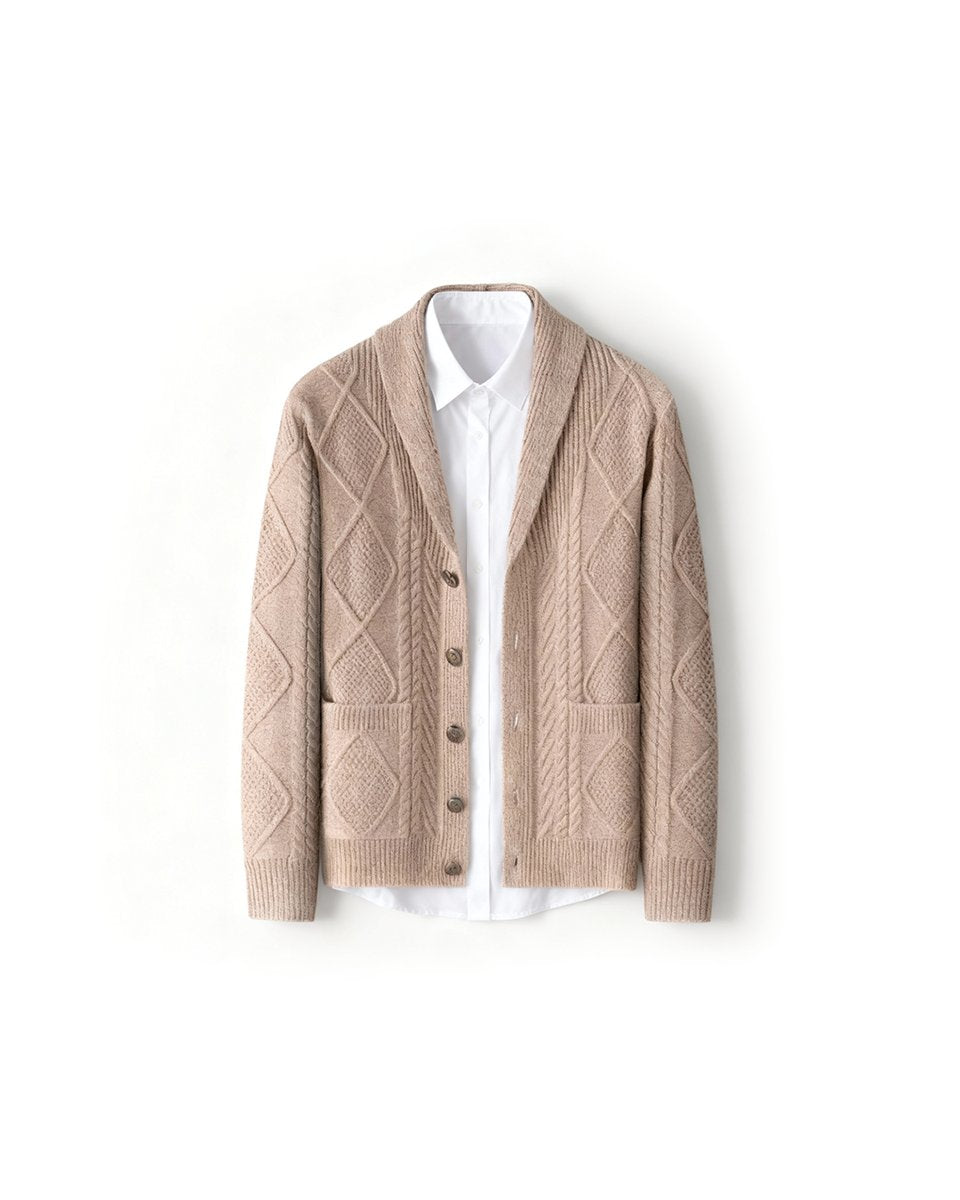 Men's Cable-Knit Wool Cardigan Shawl-Collar Button-Up Jumper