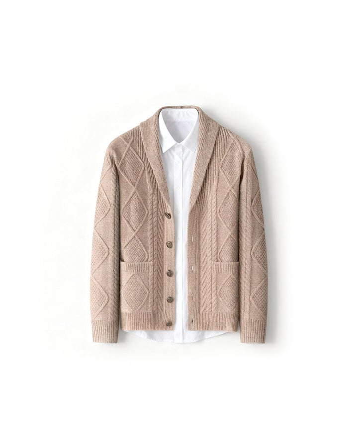 Men's Cable-Knit Wool Cardigan Shawl-Collar Button-Up Jumper
