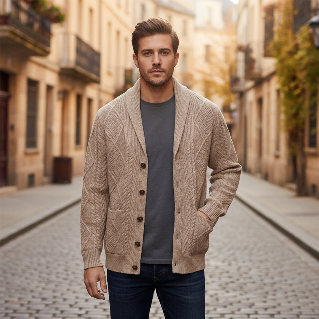 Men's Cable-Knit Wool Cardigan Shawl-Collar Button-Up Jumper