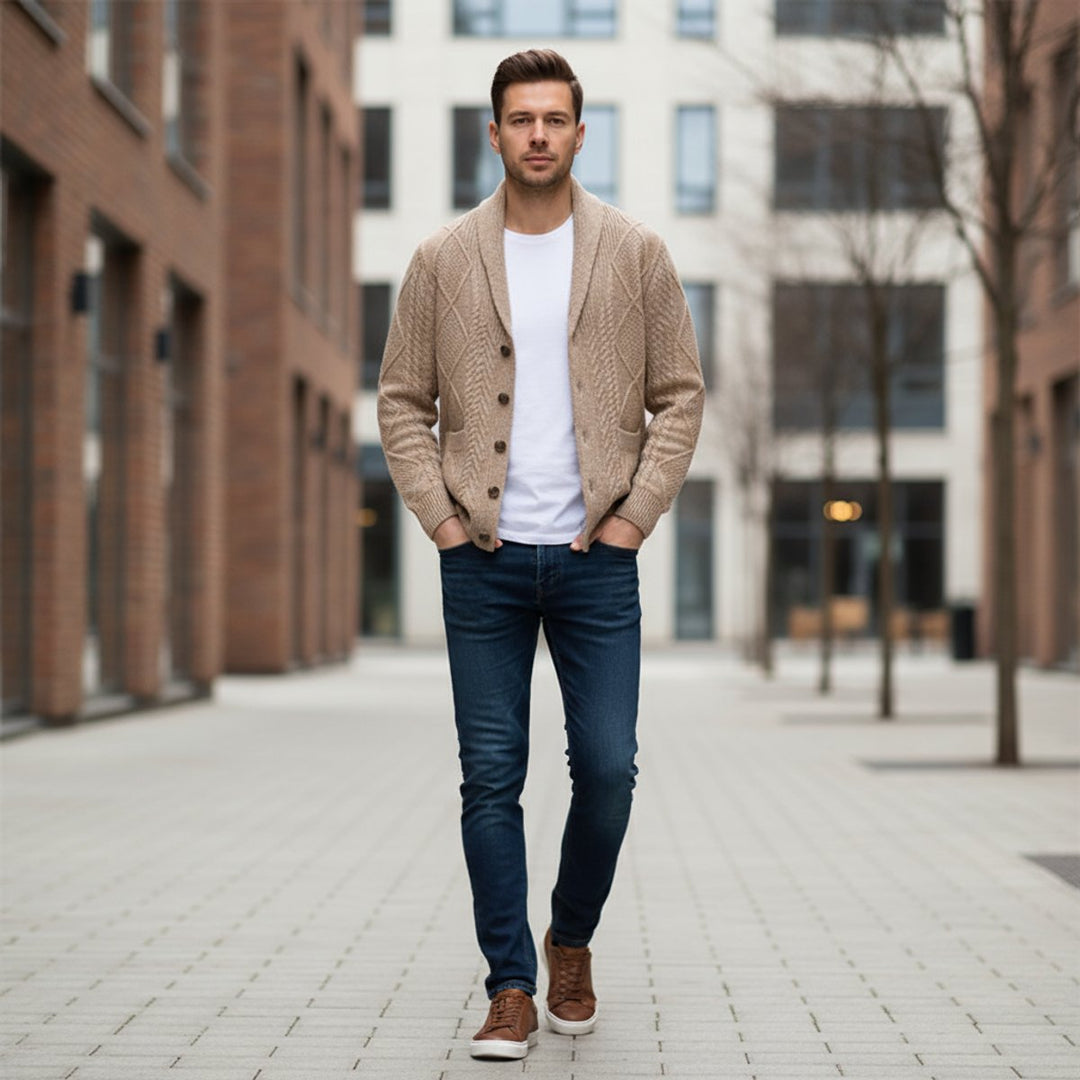 Men's Cable-Knit Wool Cardigan Shawl-Collar Button-Up Jumper