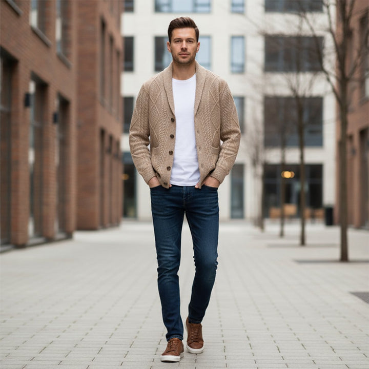 Men's Cable-Knit Wool Cardigan Shawl-Collar Button-Up Jumper