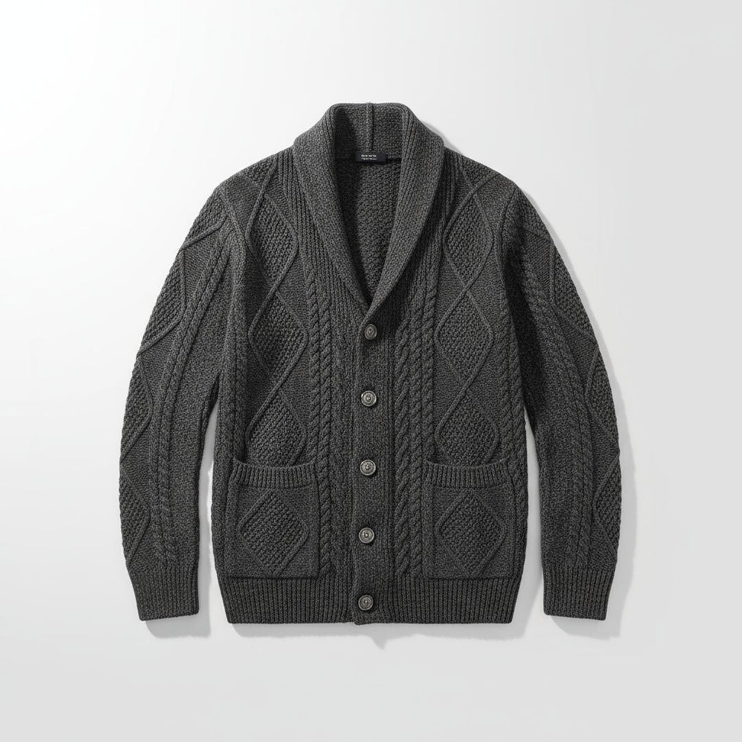 Men's Cable-Knit Wool Cardigan Shawl-Collar Button-Up Jumper