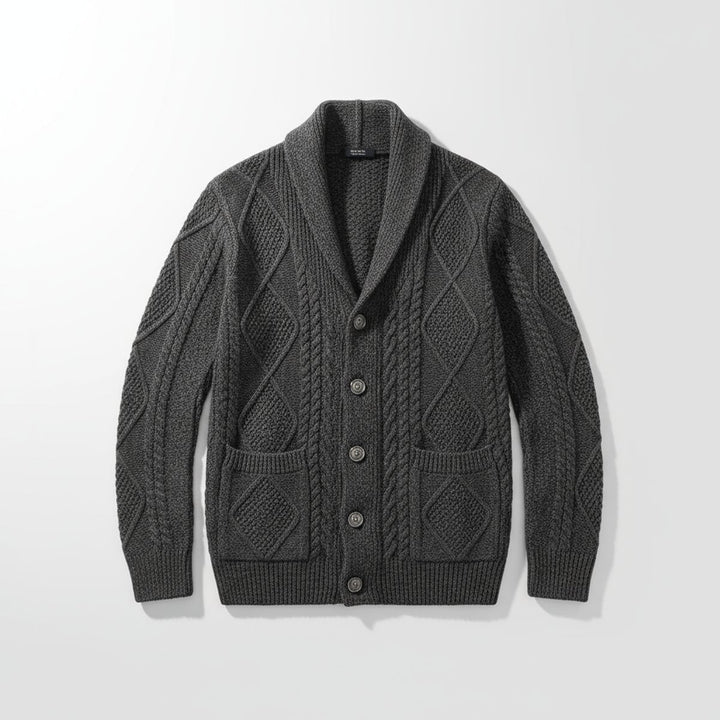 Men's Cable-Knit Wool Cardigan Shawl-Collar Button-Up Jumper
