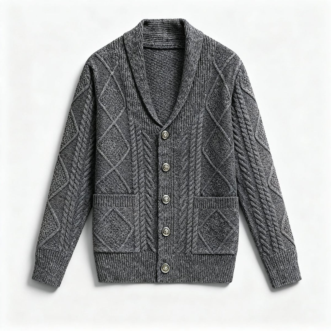Men's Cable-Knit Wool Cardigan Shawl-Collar Button-Up Jumper