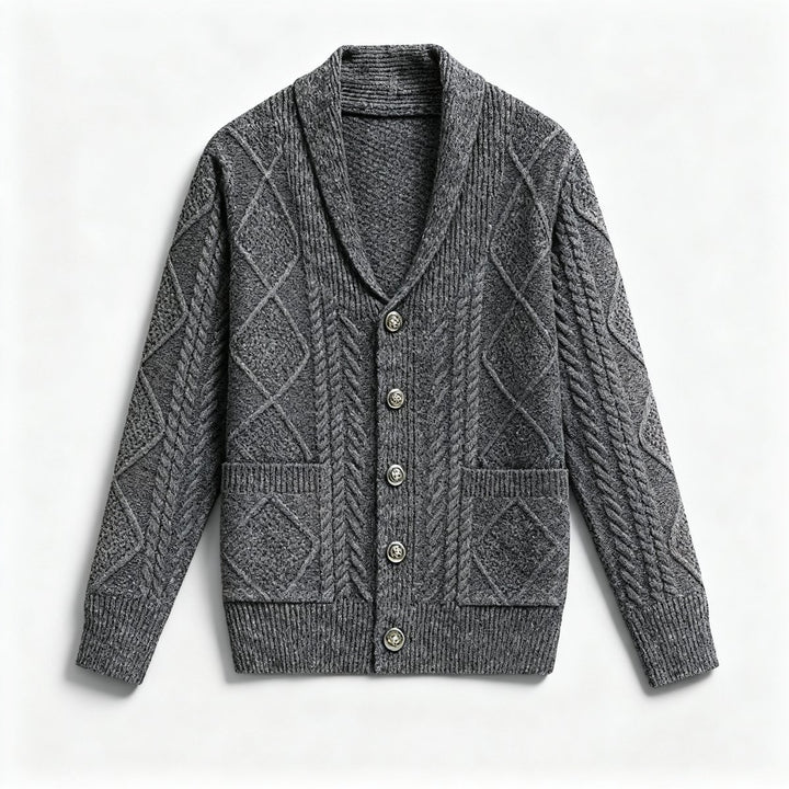 Men's Cable-Knit Wool Cardigan Shawl-Collar Button-Up Jumper