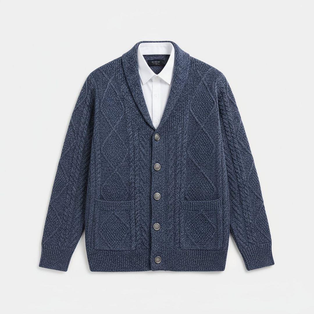 Men's Cable-Knit Wool Cardigan Shawl-Collar Button-Up Jumper