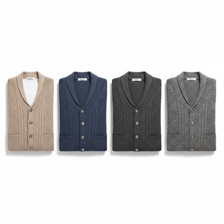 Men's Cable-Knit Wool Cardigan Shawl-Collar Button-Up Jumper
