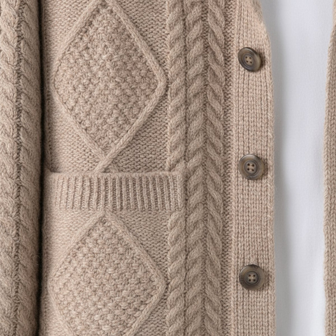 Men's Cable-Knit Wool Cardigan Shawl-Collar Button-Up Jumper