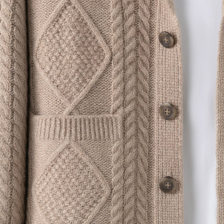 Men's Cable-Knit Wool Cardigan Shawl-Collar Button-Up Jumper