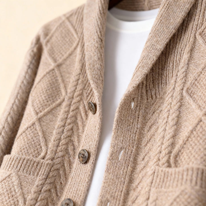 Men's Cable-Knit Wool Cardigan Shawl-Collar Button-Up Jumper