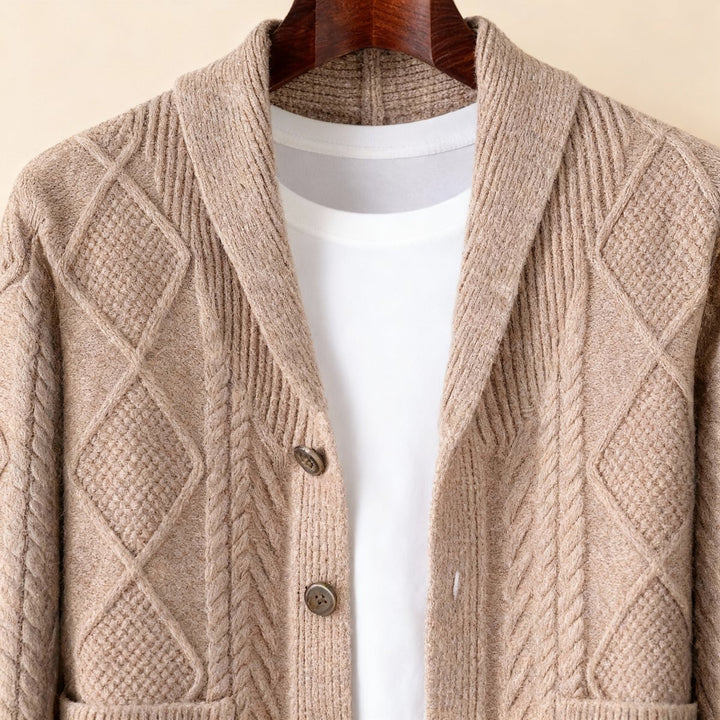 Men's Cable-Knit Wool Cardigan Shawl-Collar Button-Up Jumper