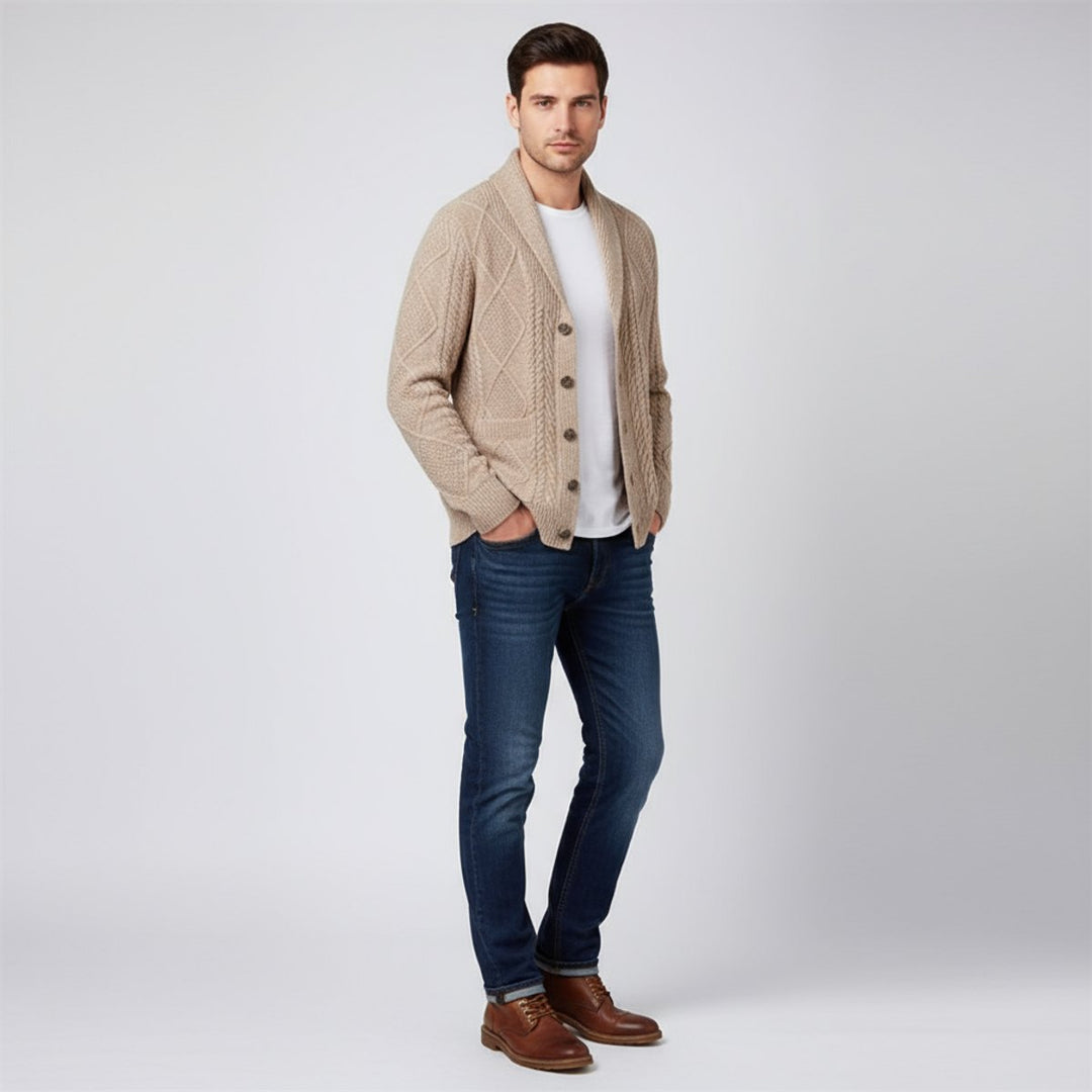 Men's Cable-Knit Wool Cardigan Shawl-Collar Button-Up Jumper