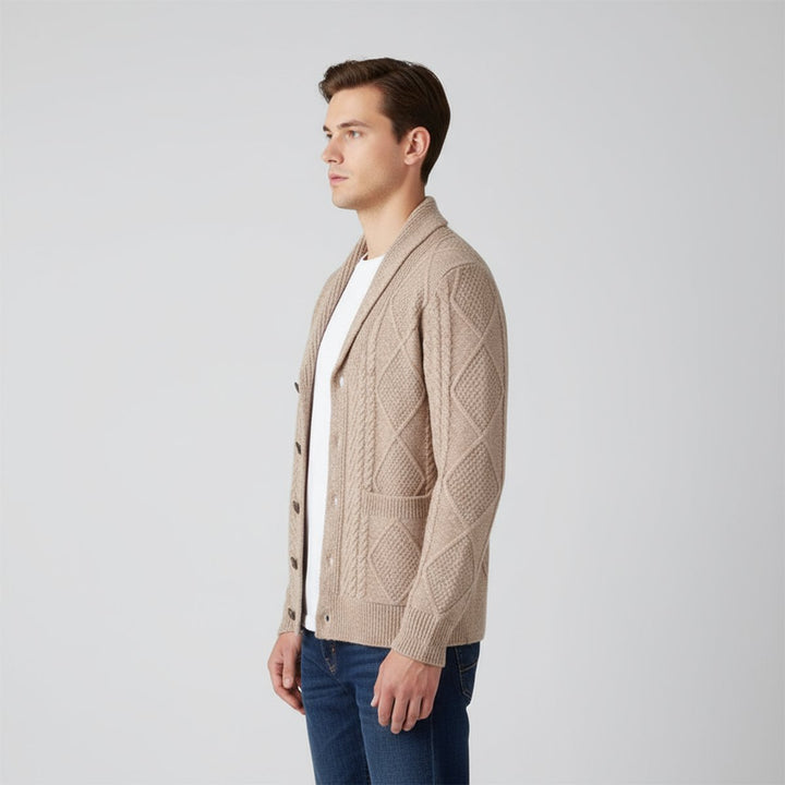 Men's Cable-Knit Wool Cardigan Shawl-Collar Button-Up Jumper